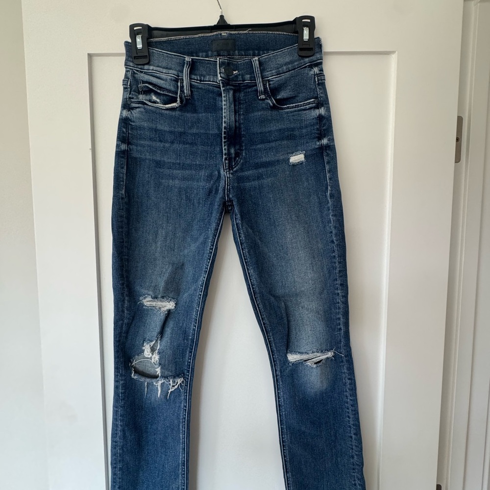 MOTHER Blue Distressed Straight Leg Jeans